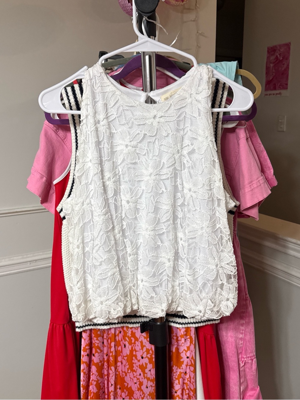 White Lace Sleeveless Tank Top with Contrast Stripe Trim - Women